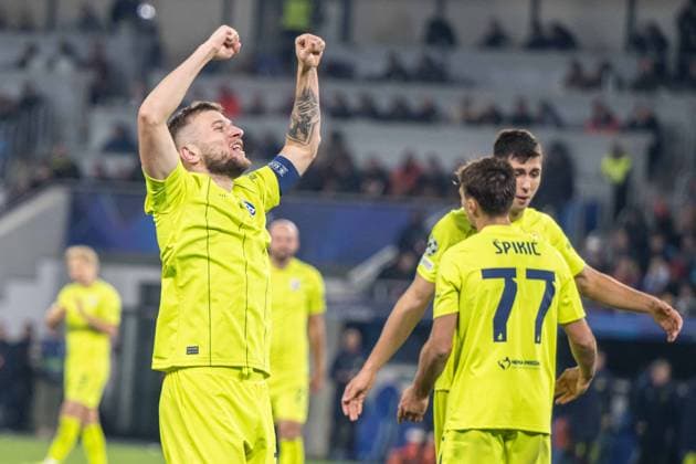 Stefan Ristovski a goal celebrate during UEFA Champions league match, SK Slovan Bratislava - GNK Dinamo Zagreb , 05. november 2024, Tehelne pole Stadium, Bratislava, Slovakia Copyright: xMICHALxFAJT,ZOSPORTU.SKx FAJ_4429