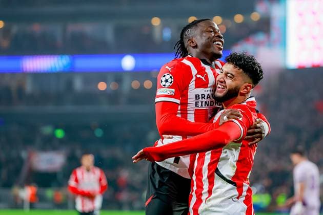 EINDHOVEN, 05-11-2024, Philips stadium. Dutch football. Champions League, season 2024 2025. Player PSV Johan Bakayoko celebrates after scoring 3-0 PSV - Girona  x26676252x Copyright: