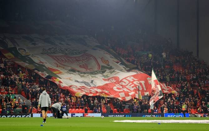 5th November 2024; Anfield, Liverpool, Merseyside, England; Champions League Football, Liverpool versus Bayer Leverkusen; fans on the Kop display a giant banner before the kick off  ActionPlus12712378 DavidxBlunsden