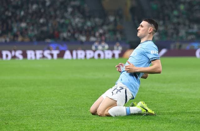Phil Foden of Manchester City celebrates scoring the opening goal Sporting Lisbon v Manchester City, UEFA Champions League, Group Stage, Football, Estadio Jose Alvalade, Lisbon, Portugal - 05 Nov 2024 EDITORIAL USE ONLY No use with unauthorised audio, video, data, fixture lists, club league logos or live services. Online in-match use limited to 120 images, no video emulation. No use in betting, games or single club league player publications. Copyright: xMichaelxZemanek Shutterstockx 14863776x