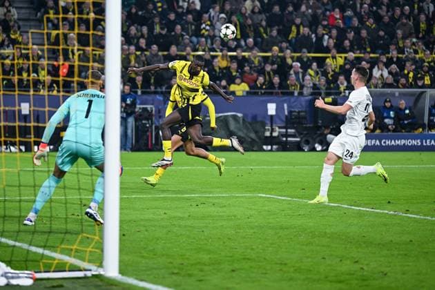 05 11 2024, Football, Champions League, Matchday 4, Season 2024 2025, Borussia Dortmund Sturm Graz, Goalkeeper Kjell Scherpen Sturm Graz , Serhou Guirassy Borussia Dortmund , Dimitri LavalÃ e Sturm Graz xRHR PHOTO TKx Copyright: RHR-FOTOx RHR-FOTO TK