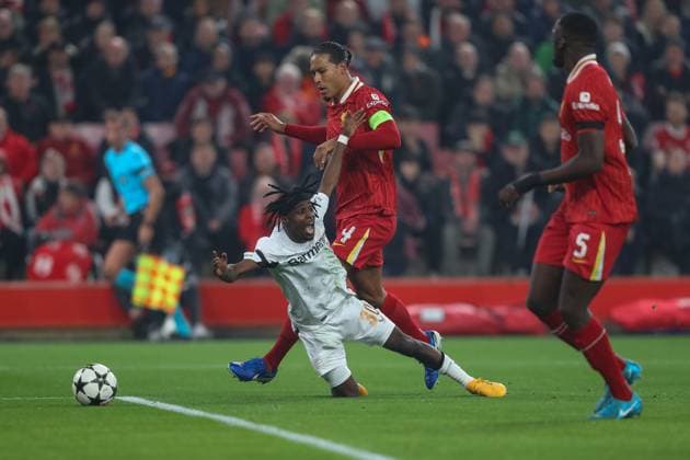 UEFA Champions League, League Stage Liverpool v Bayer 04 Leverkusen Jeremie Frimpong of Bayer Leverkusen goes down after a challenge from Virgil van Dijk of Liverpool, no foul during the UEFA Champions League, League Stage match Liverpool vs Bayer 04 Leverkusen at Anfield, Liverpool, United Kingdom, 5th November 2024 (Photo by Gareth Evans News Images) Liverpool Anfield Merseyside United Kingdom Copyright: xGarethxEvans NewsxImagesx