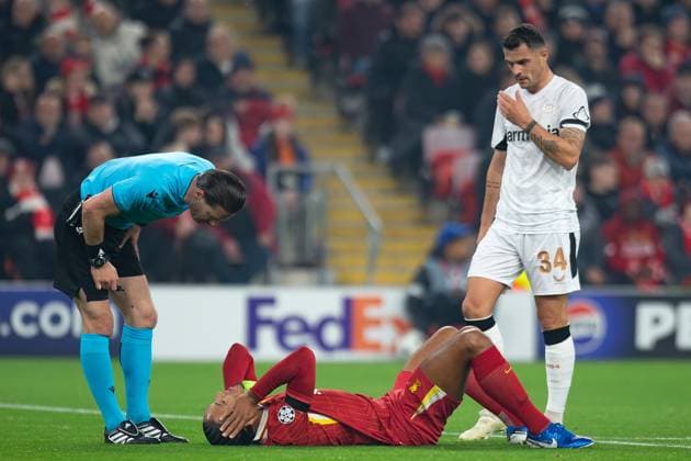 Liverpool v Bayer Leverkusen Champions League 05 11 2024. Liverpool defender Virgil van Dijk (4) on the ground after taking a ball to the face during the Champions League match between Liverpool and Bayer Leverkusen at Anfield, Liverpool, England on 5 November 2024. Editorial use only , Copyright: xIanxStephenx PSI-20755-0006