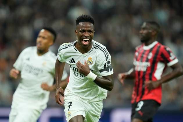 Real Madrid C.F. v AC Milan - UEFA Champions League 2024 25 League Phase MD4 Vinicius Junior left winger of Real Madrid and Brazil celebrates after scoring his sides first goal during the UEFA Champions League 2024 25 League Phase MD4 match between Real Madrid C.F. and AC Milan at Estadio Santiago Bernabeu on November 5, 2024 in Madrid, Spain. Madrid Spain  Copyright: xJosexBretonx originalFilename:bretonhernandez-realmadr241105_npHIn.jpg