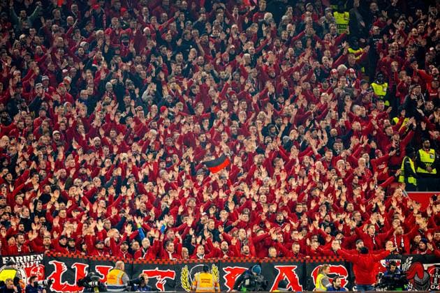 Football - UEFA Champions League - League Phase - Liverpool FC v Bologna FC 1909 LIVERPOOL, ENGLAND - Wednesday, October 2, 2024: Bayer Leverkusen supporters during the UEFA Champions League game between Liverpool FC and Bologna FC 1909 at Anfield. (Photo by David Rawcliffe Propaganda) LIVERPOOL Anfield MERSEYSIDE ENGLAND  Copyright: xDavidxRawcliffex P2024-11-05-Liverpool_Leverkusen-18