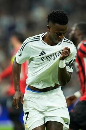 Real Madrid C.F. v AC Milan - UEFA Champions League 2024 25 League Phase MD4 Vinicius Junior left winger of Real Madrid and Brazil celebrates after scoring his sides first goal during the UEFA Champions League 2024 25 League Phase MD4 match between Real Madrid C.F. and AC Milan at Estadio Santiago Bernabeu on November 5, 2024 in Madrid, Spain. Madrid Spain  Copyright: xJosexBretonx originalFilename:bretonhernandez-realmadr241105_npNLS.jpg