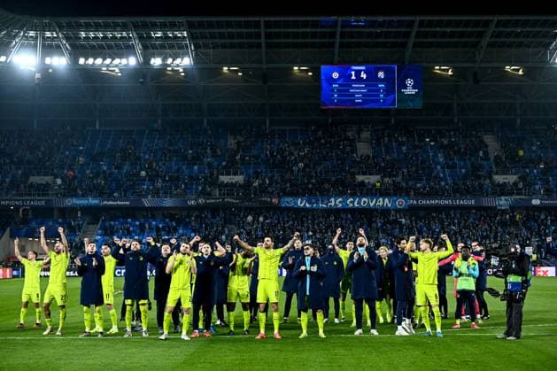 SK Slovan Bratislava v GNK Dinamo - UEFA Champions League 2024 25 League Phase MD4 Players of Dinamo Zagreb acknowledge fan aftre the UEFA Champions League 2024 25 League Phase MD4 match between SK Slovan Bratislava and GNK Dinamo at National football stadium on November 5, 2024 in Bratislava, Slovakia.  MarkoxLukunic PIXSELL
