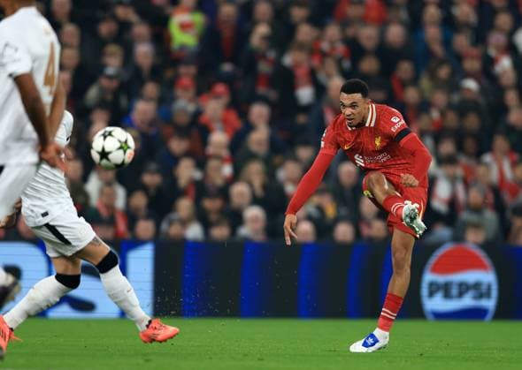 Liverpool, England, 5th November 2024. Trent Alexander-Arnold of Liverpool during the UEFA Champions League match at Anfield, Liverpool. Picture credit should read: Jessica Hornby Sportimage EDITORIAL USE ONLY. No use with unauthorised audio, video, data, fixture lists, club league logos or live services. Online in-match use limited to 120 images, no video emulation. No use in betting, games or single club league player publications. SPI-3439-0040