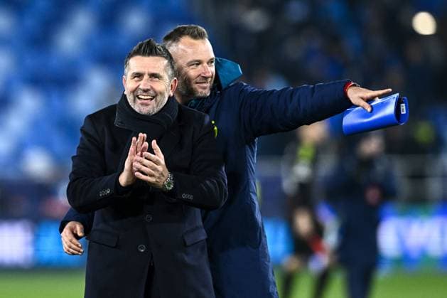 SK Slovan Bratislava v GNK Dinamo - UEFA Champions League 2024 25 League Phase MD4 Head coach of Dinamo Zagreb Nenad Bjelica and his assistant Nino Bule celebrate after the UEFA Champions League 2024 25 League Phase MD4 match between SK Slovan Bratislava and GNK Dinamo at National football stadium on November 5, 2024 in Bratislava, Slovakia.  MarkoxLukunic PIXSELL