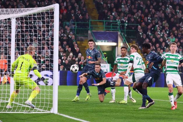 Celtic Glasgow RB Leipzig Champions League Glasgow, 05 11 2024, Celtic Park, Football, UEFA Champions League, Matchday 4 , Celtic Glasgow vs RB Leipzig , In the picture goal for RB Leipzig, Christoph Baumgartner 14, RB Leipzig scores with his head to 0 1 , Only editorial use Photo intended for editorial use only , UEFA regulations prohibit any use of photographs as image sequences and or quasi video ,