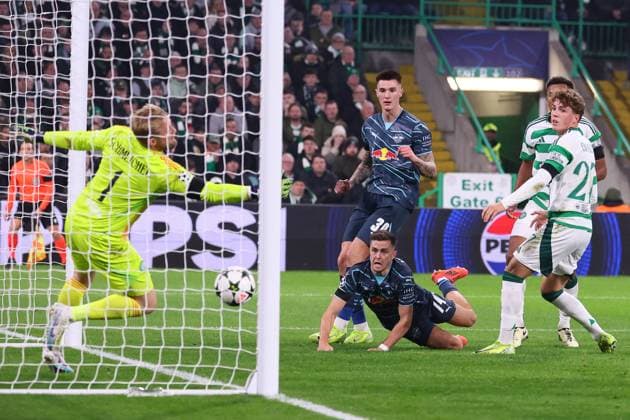 Celtic Glasgow RB Leipzig Champions League Glasgow, 05 11 2024, Celtic Park, Football, UEFA Champions League, Matchday 4 , Celtic Glasgow vs RB Leipzig , In the picture goal for RB Leipzig, Christoph Baumgartner 14, RB Leipzig scores with his head to 0 1 , Only editorial use Photo intended for editorial use only , UEFA regulations prohibit any use of photographs as image sequences and or quasi video ,