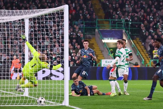 Celtic Glasgow RB Leipzig Champions League Glasgow, 05 11 2024, Celtic Park, Football, UEFA Champions League, Matchday 4 , Celtic Glasgow vs RB Leipzig , In the picture goal for RB Leipzig, Christoph Baumgartner 14, RB Leipzig scores with his head to 0 1 , Only editorial use Photo intended for editorial use only , UEFA regulations prohibit any use of photographs as image sequences and or quasi video ,