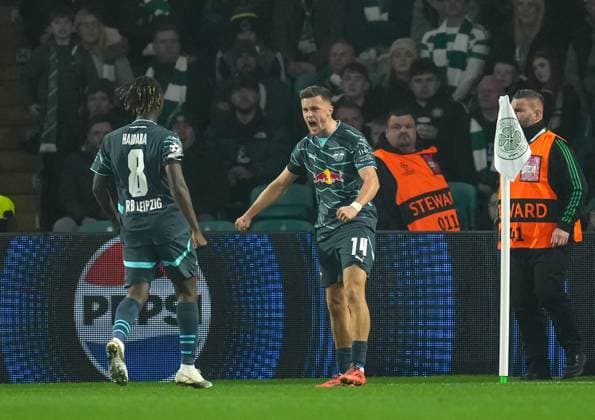Christoph Baumgartner of RB Leipzig celebrates scoring to give Leipzig a 0-1 lead. Celtic v RB Leipzig, UEFA Champions League, Group Stage, Football, Celtic Park, Glasgow, Scotland, UK - 05 Nov 2024 EDITORIAL USE ONLY No use with unauthorised audio, video, data, fixture lists, club league logos or live services. Online in-match use limited to 120 images, no video emulation. No use in betting, games or single club league player publications. Copyright: xStuartxWallace Shutterstockx 14863772f