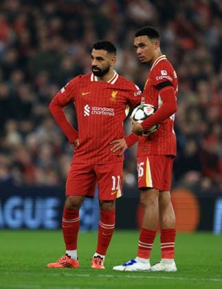 Liverpool, England, 5th November 2024. Mohamed Salah of Liverpool with Trent Alexander-Arnold of Liverpool during the UEFA Champions League match at Anfield, Liverpool. Picture credit should read: Jessica Hornby Sportimage EDITORIAL USE ONLY. No use with unauthorised audio, video, data, fixture lists, club league logos or live services. Online in-match use limited to 120 images, no video emulation. No use in betting, games or single club league player publications. SPI-3439-0043