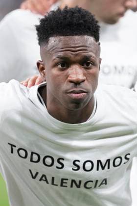UEFA champions league - Real Madrid vs AC Milan MADRID, SPAIN - November 5: Vinicius jr of Real Madrid shows a t-shirt supporting Valencia during the UEFA champions league 2024 25 match between Real Madrid and AC Milan at Santiago Bernabeu Stadium. (Photo by Guillermo Martinez) Madrid Santiago BernabÃ u Stadium Spain Copyright: xGuillermoxMartinezx