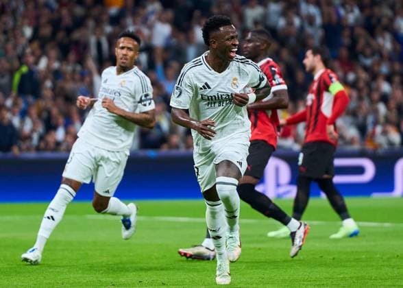 Vinicius Junior of Real Madrid CF celebrates after scoring the 1-1 Real Madrid v AC Milan, UEFA Champios League match, date 4. Football, Santiago Bernabeu Stadium, Madrid, Spain - 5 Nov 2024 Editorial use only  Copyright: xPressinphoto Shutterstockx 14869602an