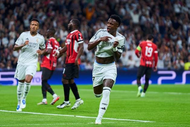 Vinicius Junior of Real Madrid CF celebrates after scoring the 1-1 Real Madrid v AC Milan, UEFA Champios League match, date 4. Football, Santiago Bernabeu Stadium, Madrid, Spain - 5 Nov 2024 Editorial use only  Copyright: xPressinphoto Shutterstockx 14869602am