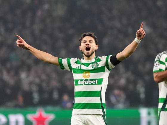 Nicolas Kuhn of Celtic celebrates scoring to tie the game 1-1. Celtic v RB Leipzig, UEFA Champions League, Group Stage, Football, Celtic Park, Glasgow, Scotland, UK - 05 Nov 2024 EDITORIAL USE ONLY No use with unauthorised audio, video, data, fixture lists, club league logos or live services. Online in-match use limited to 120 images, no video emulation. No use in betting, games or single club league player publications. Copyright: xStuartxWallace Shutterstockx 14863772v