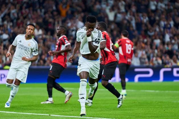 Vinicius Junior of Real Madrid CF celebrates after scoring the 1-1 Real Madrid v AC Milan, UEFA Champios League match, date 4. Football, Santiago Bernabeu Stadium, Madrid, Spain - 5 Nov 2024 Editorial use only  Copyright: xPressinphoto Shutterstockx 14869602ak