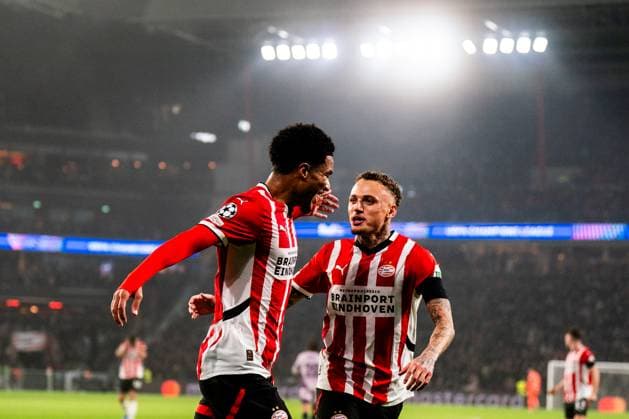 EINDHOVEN, NETHERLANDS - NOVEMBER 5: Malik Tillman of PSV celebrates with Noa Lang of PSV after scoring his team s second goal during the UEFA Champions League 2024 25 League Phase MD4 match between PSV Eindhoven and Girona FC at PSV Stadion on November 5, 2024 in Eindhoven, Netherlands. (Photo by Rene Nijhuis) SOC  Copyright: xRenexNijhuis