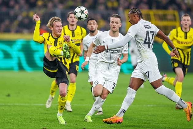 05 11 2024, Football, UEFA Champions League, Borussia Dortmund SK Sturm Graz, Matchday 4, Signal Iduna Park, Season 2024 2025 Julian Brandt BVB 10 vs Dimitri Lavalee Graz 24 and Emanuel Aiwu Graz 47 North Rhine-Westphalia Germany