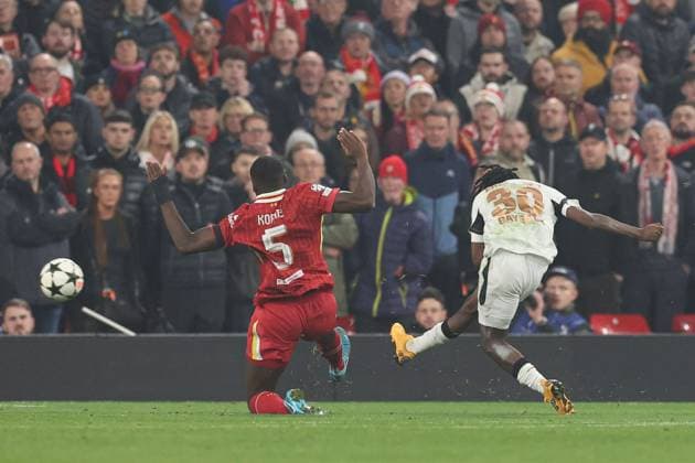 Jeremie Frimpong of Bayer 04 Leverkusen scores but it is disallowed Liverpool v Bayer 04 Leverkusen, UEFA Champions League, Group Stage, Football, Anfield, Liverpool, UK - 05 Nov 2024 EDITORIAL USE ONLY No use with unauthorised audio, video, data, fixture lists, club league logos or live services. Online in-match use limited to 120 images, no video emulation. No use in betting, games or single club league player publications. Copyright: xPaulxCurrie Shutterstockx 14863785cb