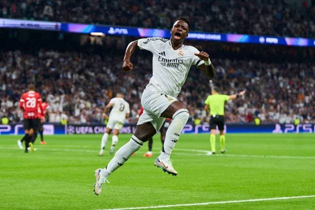 Vinicius Junior of Real Madrid CF celebrates after scoring the 1-1 Real Madrid v AC Milan, UEFA Champios League match, date 4. Football, Santiago Bernabeu Stadium, Madrid, Spain - 5 Nov 2024 Editorial use only  Copyright: xPressinphoto Shutterstockx 14869602ap