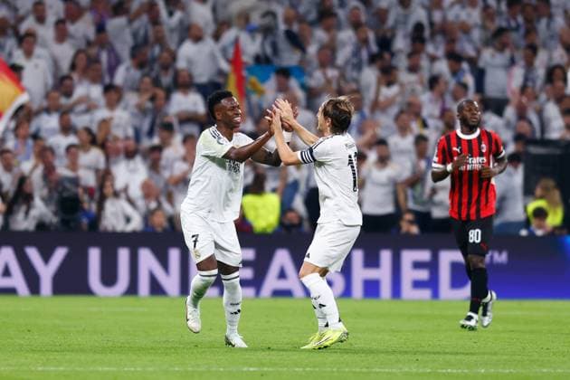 November 5, 2024, Madrid, Madrid, SPAIN: Vinicius Junior of Real Madrid celebrates a goal during the UEFA Champions League 2024 25 League Phase MD4 match between Real Madrid CF and AC Milan at Estadio Santiago Bernabeu on November 5, 2024, in Madrid, Spain. Madrid SPAIN - ZUMAa181 20241105_zaa_a181_021 Copyright: xDennisxAgyemanx