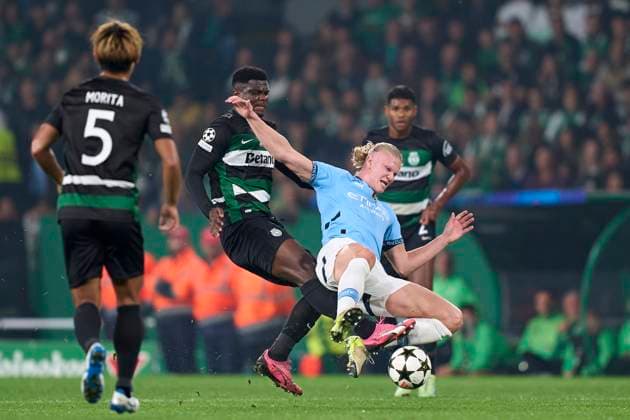 Sporting Clube de Portugal v Manchester City - UEFA Champions League 2024 25 League Phase MD4 Ousmane Diomande of Sporting CP competes for the ball with Erling Haaland of Manchester City during the UEFA Champions League match between Sporting CP and Manchester City at Jose Alvalade Stadium in Lisbon, Portugal, on November 5, 2024. Lisbon, Portugal Lisbon Portugal  Copyright: xJosexManuelxAlvarezxReyx originalFilename:alvarezrey-notitle241105_npYpa.jpg