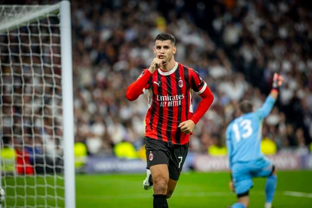 Real Madrid CF vs AC Milan- UEFA Champions League - 05 11 2024 Alvaro Morata of AC Milan celebrates after scoring his goal during the UEFA Champions League match between Real Madrid CF and AC Milan at Estadio Santiago Bernabeu on November 05, 2024 in Madrid, Spain. Madrid Spain Copyright: xPGSxPhotoxagencyx