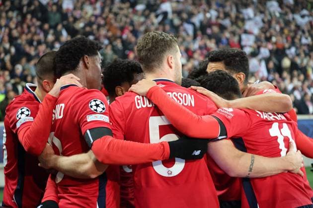 Joie des joueurs du LOSC après le but de Jonathan DAVID (LOSC Lille) lors du match LOSC Lille vs Juventus FC, Ligue des Champions, Decathlon Arena stade Pierre Mauroy Villeneuve d Ascq, le 5 novembre 2024 - photo Laurent Sanson Panoramic FOOTBALL : LOSC Lille vs Juventus FC - Ligue des Champions - 05 11 2024 LaurentSanson Panoramic 