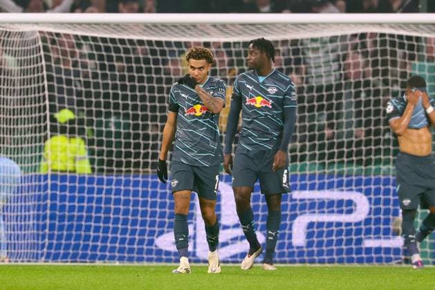 Celtic Glasgow RB Leipzig Champions League Glasgow, 05 11 2024, Celtic Park, Football, UEFA Champions League, Matchday 4 , Celtic Glasgow vs RB Leipzig , In the picture from left Antonio Nusa RB Leipzig and El Chadaille Bitshiabu 5, RB Leipzig disappointed , Only editorial use Photo intended for editorial use only , UEFA regulations prohibit any use of photographs as image sequences and or quasi video ,