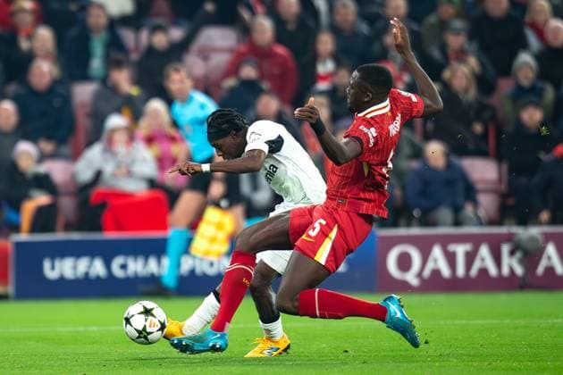 Liverpool v Bayer Leverkusen Champions League 05 11 2024. GOAL DISALLOWED OFF-SIDE Bayer Leverkusen defender Jeremie Frimpong (30) scores during the Champions League match between Liverpool and Bayer Leverkusen at Anfield, Liverpool, England on 5 November 2024. Editorial use only , Copyright: xIanxStephenx PSI-20755-0012