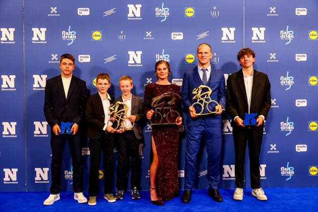 Jinze Joris, Mats and Milan, Belgian Lotte Kopecky, Belgian Ewoud Vromant and Belgian Jasper Schoofs pose for the photographer at the Flandrien award ceremony for the best Belgian cyclist of the 2024 cycling season, organized by newspaper Het Nieuwsblad , Tuesday 05 November 2024 in Middelkerke. DAVIDxPINTENS  x104669364x