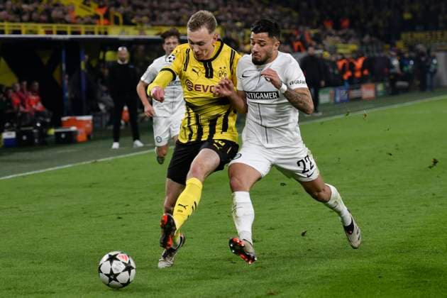 from left in duel Maximilian Beier Dortmund 14 Jusuf Gazibegovic Graz 22 05 11 2024 Soccer, Champions League, Borussia Dortmund vs Sturm Graz, Signal Iduna Park, Dortmund, NRW Germany Copyright: xpepphotox xHorstxMauelshagenx pep00321, pep_20241105_hm_0421