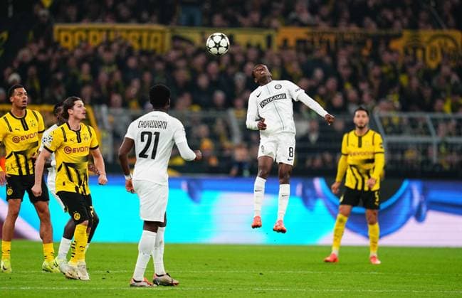 November 05 2024: Malick Yalcouyo of SK Sturm Graz heads during a Champions League Round 4 game, BvB Dortmund v SK Sturm Graz at Signal Luna Park, Dortmund, Germany. CSM Dortmund Germany - ZUMAc04_ 20241105_zma_c04_011 Copyright: xUlrikxPedersenx