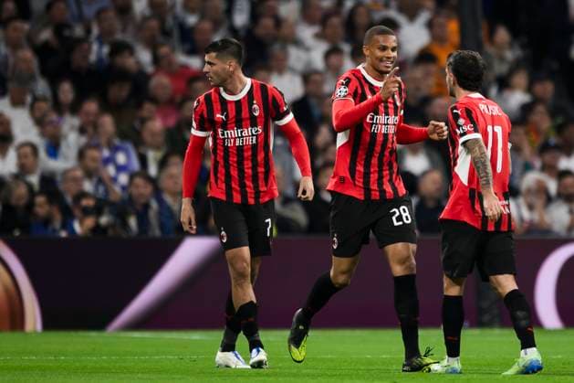 Real Madrid CF v AC Milan - UEFA Champions League Malick Thiaw of AC Milan celebrates after scoring a goal with Alvaro Morata and Christian Pulisic of AC Milan during the UEFA Champions League 2024 25 league phase football match between Real Madrid CF and AC Milan. Madrid Spain Copyright: xNicolòxCampox