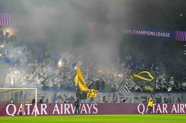 November 05 2024: SK Sturm Graz fans during a Champions League Round 4 game, BvB Dortmund v SK Sturm Graz at Signal Luna Park, Dortmund, Germany. CSM Dortmund Germany - ZUMAc04_ 20241105_zma_c04_031 Copyright: xUlrikxPedersenx