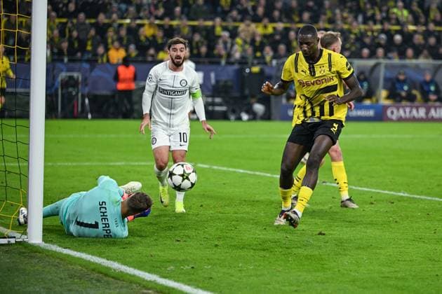 05 11 2024, Football, Champions League, Matchday 4, Season 2024 2025, Borussia Dortmund Sturm Graz, Goalkeeper Kjell Scherpen Sturm Graz , Ottar Kiteishvili Sturm Graz , Serhou Guirassy Borussia Dortmund xRHR PHOTO TKx Copyright: RHR-FOTOx RHR-FOTO TK