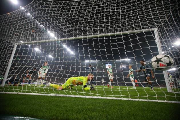Celtic Glasgow RB Leipzig Champions League Glasgow, 05 11 2024, Celtic Park, Football, UEFA Champions League, Matchday 4 , Celtic Glasgow vs RB Leipzig , In picture Goal for Leipzig, Christoph Baumgartner 14, RB Leipzig scores to 0 1 against goalkeeper Kasper Schmeichel 1, Celtic , Only editorial use Photo intended for editorial use only , UEFA regulations prohibit any use of photographs as image sequences and or quasi video ,