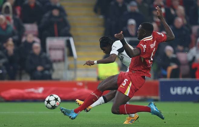 - Liverpool v Bayer 04 Leverkusen, UEFA Champions League, League Phase, Anfield Stadium, Liverpool, UK - 5th November 2024. Daniel Weir Crystal Pix Jeremie Frimpong of Bayer Leverkusen scores a goal but is disallowed. - Liverpool v Bayer 04 Leverkusen, UEFA Champions League, League Phase, Anfield Stadium, Liverpool, UK - 5th November 2024. Daniel Weir Crystal Pix Liverpool Anfield Stadium UK Copyright: xDanxWeirx CP_Liverpool_Bayer_04_Leverkusen_22