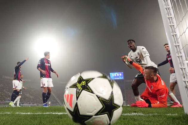 Monaco s Wilfried Singo scores a goal but referee Aliyar Aghayev cancels the goal during the Uefa Champions League 2024 2025 soccer match between Bologna and Monaco at Renato Dall Ara Stadium - Soccer - Bologna, Italy - Tuesday November 5, 2024  Copyright: xMassimoxPaolone LaPressex
