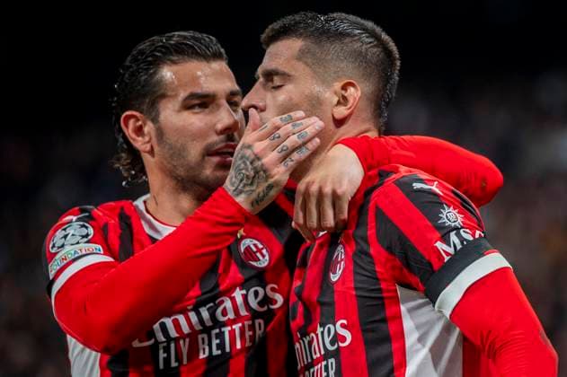 Real Madrid C.F. v AC Mailand - UEFA Champions League 2024 25 League Phase MD3 Alvaro Morata (R) of AC Milan celebrates his goal with Theo Hernandez (L) of AC Milan during the UEFA Champions League 2024 25 League Phase MD4 match between Real Madrid C.F. and AC Milan at Estadio Santiago Bernabeu on November 5, 2024 in Madrid, Spain. Madrid Estadio Santiago Bernabeu Madrid Spain Copyright: xAlbertoxGardinx AGardin_20241105_Football_Champions_Real_Madrid_Milan_466