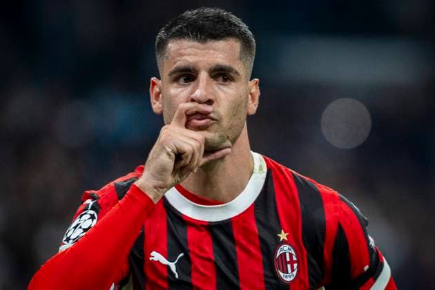 Real Madrid C.F. v AC Mailand - UEFA Champions League 2024 25 League Phase MD3 Alvaro Morata of AC Milan celebrates his goal during the UEFA Champions League 2024 25 League Phase MD4 match between Real Madrid C.F. and AC Milan at Estadio Santiago Bernabeu on November 5, 2024 in Madrid, Spain. Madrid Estadio Santiago Bernabeu Madrid Spain Copyright: xAlbertoxGardinx AGardin_20241105_Football_Champions_Real_Madrid_Milan_468