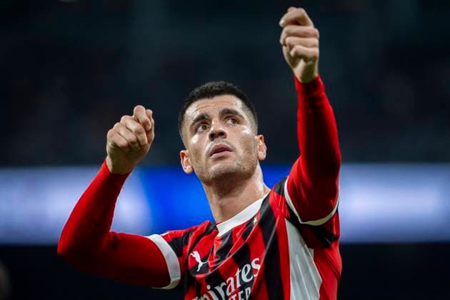 Real Madrid C.F. v AC Mailand - UEFA Champions League 2024 25 League Phase MD3 Alvaro Morata of AC Milan celebrates his goal during the UEFA Champions League 2024 25 League Phase MD4 match between Real Madrid C.F. and AC Milan at Estadio Santiago Bernabeu on November 5, 2024 in Madrid, Spain. Madrid Estadio Santiago Bernabeu Madrid Spain Copyright: xAlbertoxGardinx AGardin_20241105_Football_Champions_Real_Madrid_Milan_475