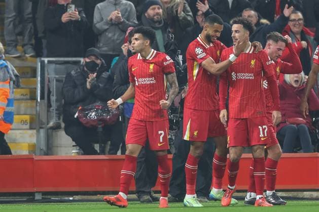 UEFA Champions League, League Stage Liverpool v Bayer 04 Leverkusen Luis Diaz of Liverpool celebrates his goal to make it with team mates during the UEFA Champions League, League Stage match Liverpool vs Bayer 04 Leverkusen at Anfield, Liverpool, United Kingdom, 5th November 2024 (Photo by Gareth Evans News Images) Liverpool Anfield Merseyside United Kingdom Copyright: xGarethxEvans NewsxImagesx