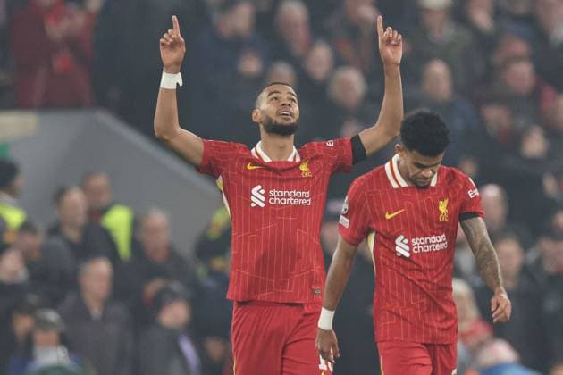 Cody Gakpo of Liverpool celebrates scoring a goal for their side to make it 2-0 Liverpool v Bayer 04 Leverkusen, UEFA Champions League, Group Stage, Football, Anfield, Liverpool, UK - 05 Nov 2024 EDITORIAL USE ONLY No use with unauthorised audio, video, data, fixture lists, club league logos or live services. Online in-match use limited to 120 images, no video emulation. No use in betting, games or single club league player publications. Copyright: xPaulxCurrie Shutterstockx 14863785cq