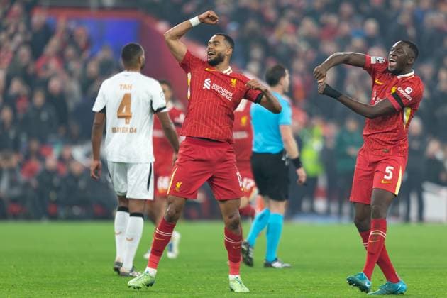 Liverpool v Bayer Leverkusen Champions League 05 11 2024. GOAL 2-0 Liverpool forward Cody Gakpo (18) scores and celebrates during the Champions League match between Liverpool and Bayer Leverkusen at Anfield, Liverpool, England on 5 November 2024. Editorial use only , Copyright: xIanxStephenx PSI-20755-0024