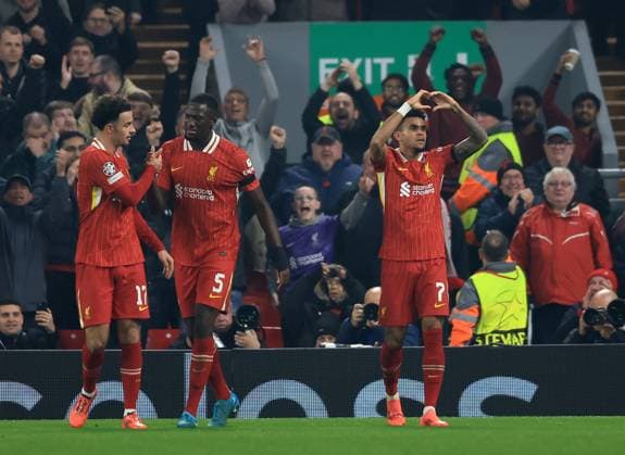 Liverpool, England, 5th November 2024. Luis Diaz of Liverpool celebrates scoring his sides opening goal during the UEFA Champions League match at Anfield, Liverpool. Picture credit should read: Jessica Hornby Sportimage EDITORIAL USE ONLY. No use with unauthorised audio, video, data, fixture lists, club league logos or live services. Online in-match use limited to 120 images, no video emulation. No use in betting, games or single club league player publications. SPI-3439-0061