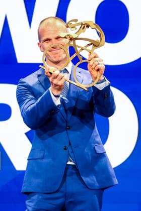 Belgian Ewoud Vromant celebrates on the podium after winning the Flandrien award ceremony for the best Belgian cyclist of the 2024 cycling season, organized by newspaper Het Nieuwsblad , Tuesday 05 November 2024 in Middelkerke. DAVIDxPINTENS  x104671638x